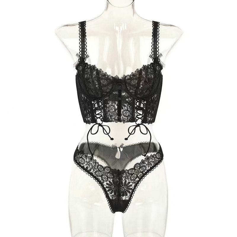 Women's Lace Lingerie Set - Three-Piece Mesh Intimate Wear - Fashions Envy