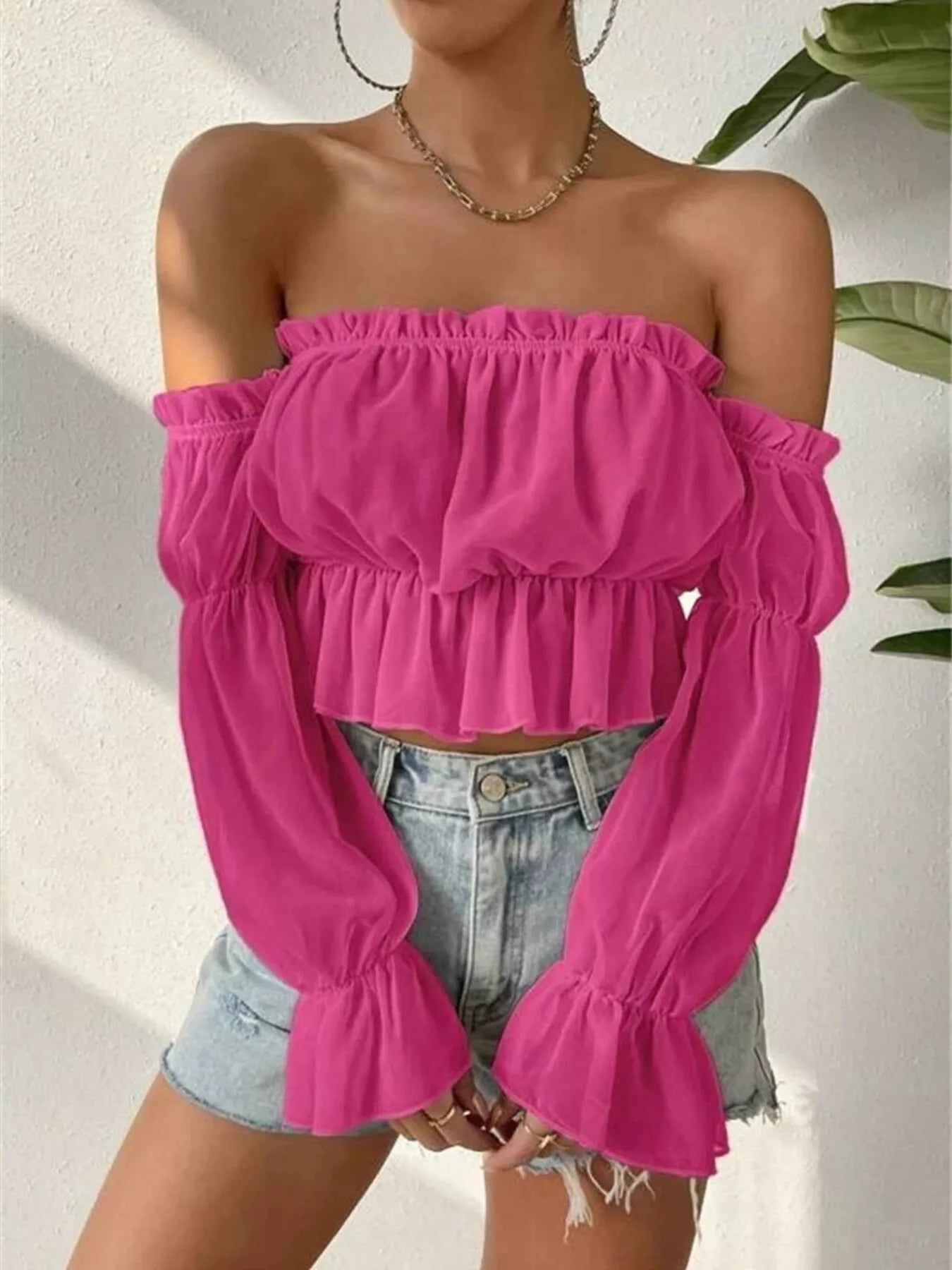 Off-Shoulder Ruffle Trim Sheer Cropped Blouse