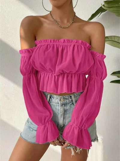 Off-Shoulder Ruffle Trim Sheer Cropped Blouse