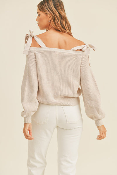 MABLE Off Shoulder Self Tie Strap Button Down Sweater - Fashions Envy