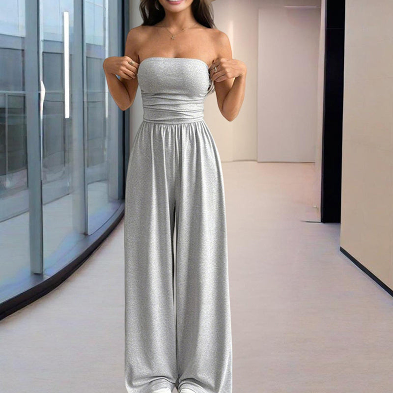 Solid Color Wide-Leg Palazzo Pants With Pleats Strapless Jumpsuit