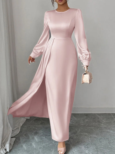 Blush Pink Satin Long Sleeve Maxi Dress - Fashions Envy