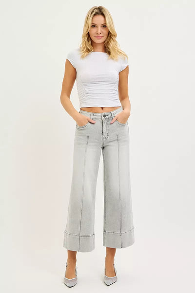 RISEN Tummy Control Mid Rise Crop Wide Pintuck Front Jeans - Fashions Envy