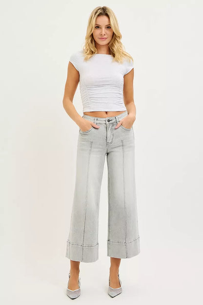 RISEN Tummy Control Mid Rise Crop Wide Pintuck Front Jeans - Fashions Envy