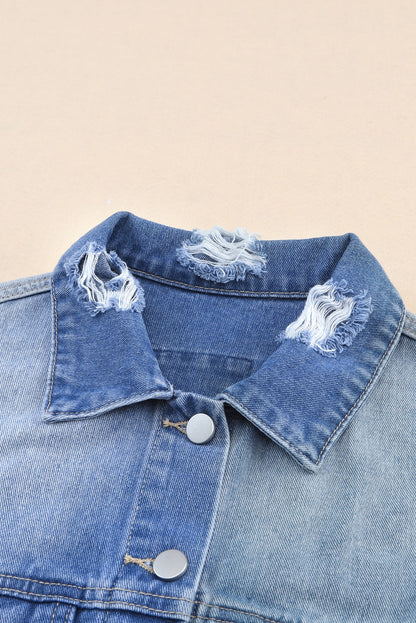 Distressed Button Up Drop Shoulder Denim Jacket