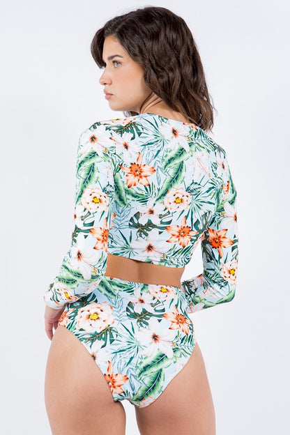 Long Sleeve Floral Print Ruched Bottom Bikini Swimwear