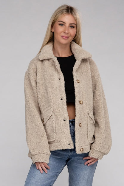 Cozy Sherpa Button-Front Long Sleeve Jacket