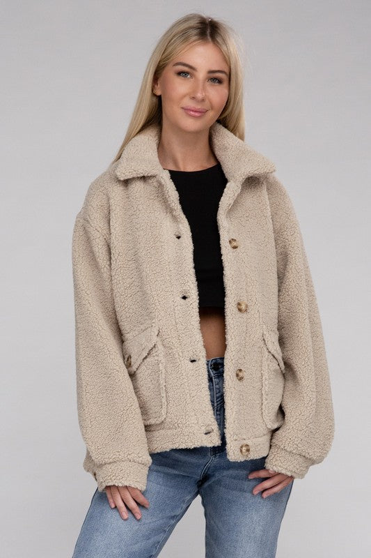 Cozy Sherpa Button-Front Long Sleeve Jacket