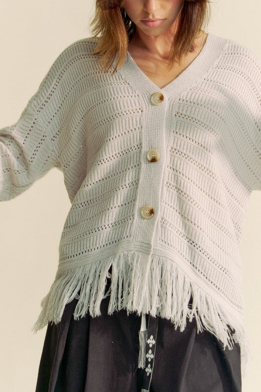 Silver Grey Fringe V-Neck Button Up Long Sleeve Cardigan