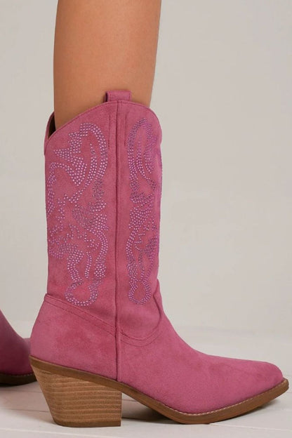 Cerise Pink Rhinestone Detail Point Toe Boots