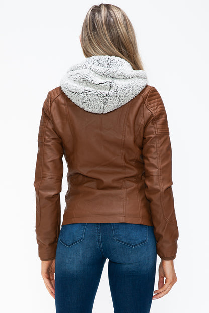 Rust Removable Faux Layered Multi-Pocket Jacket with Fuzzy Hood