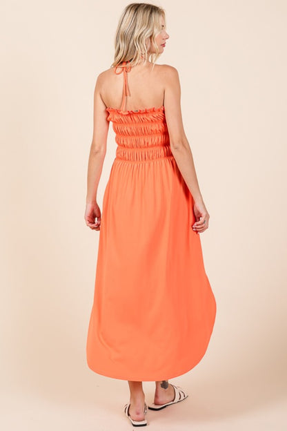 Living Coral Tie Back Shirring Dress with Pockets