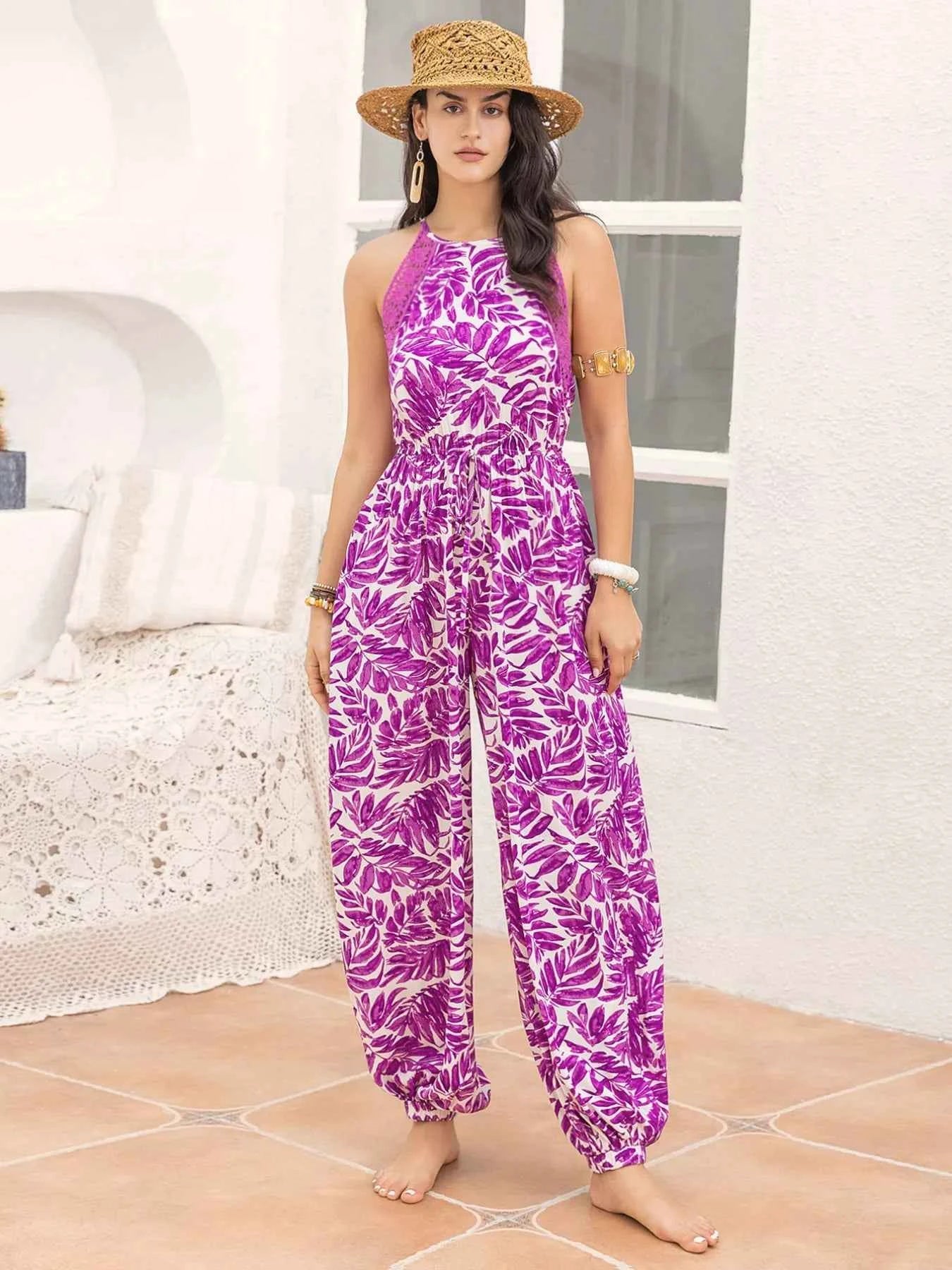 Leaf Print Sleeveless Jumpsuit