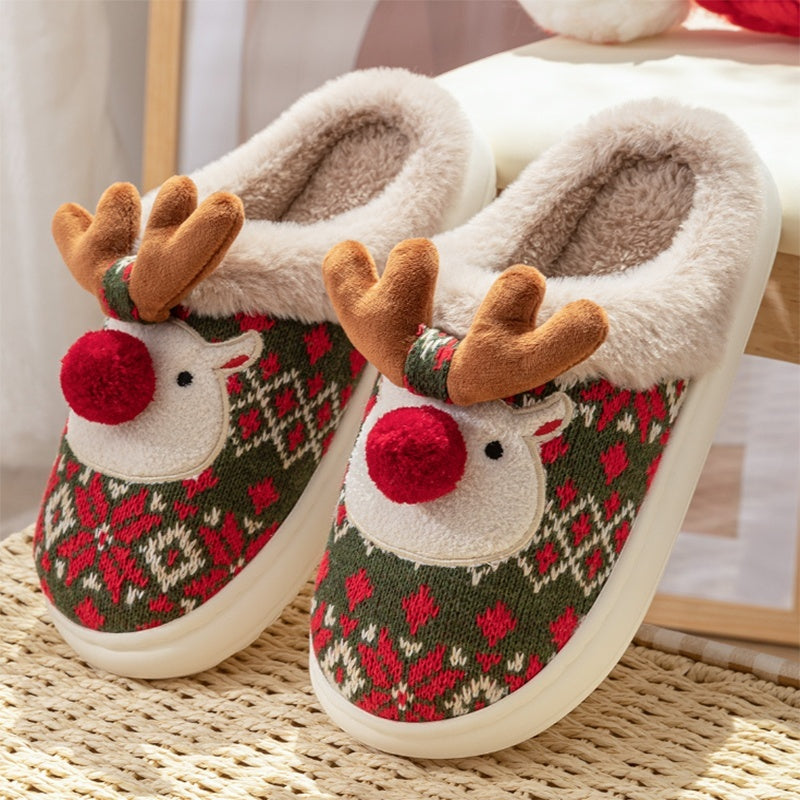 Christmas Reindeer Slippers - Cozy Plush Winter House Shoes