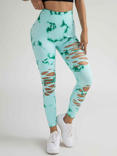 High-Waisted Yoga Leggings - Hollow-Out Tie-Dye Design