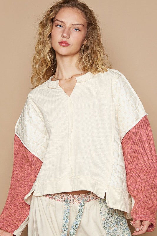 Cream-Multi Waffle-Knit Contrast Notched Long Sleeve Knit Top