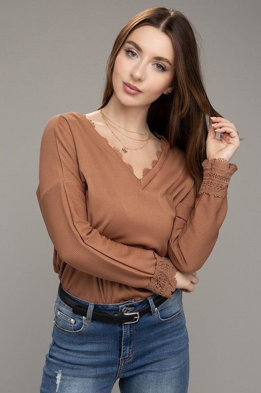 Lace Trim Brown V-Neck Long Sleeve Top