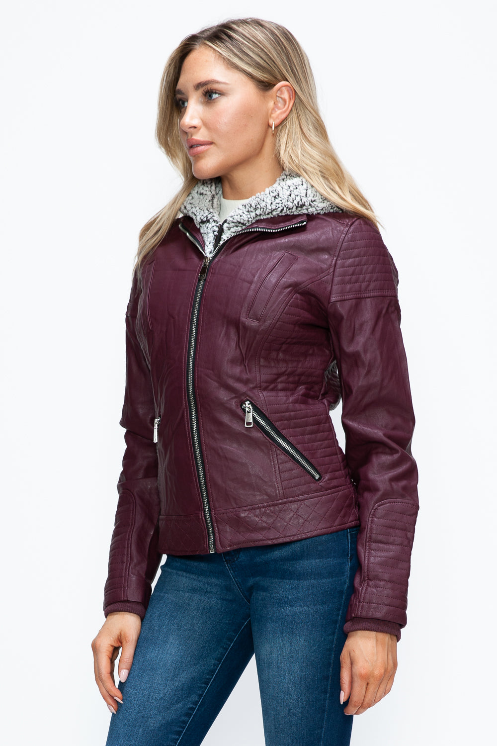 Wine Faux Layered Double-Zipper Jacket with Fuzzy Hood