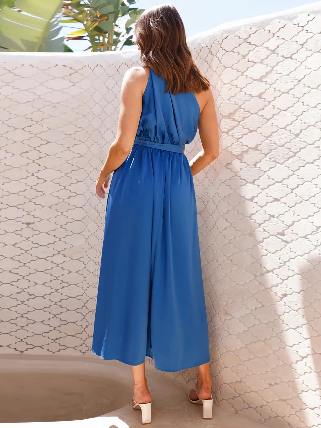 Ruched Single Shoulder Belted Midi Dress