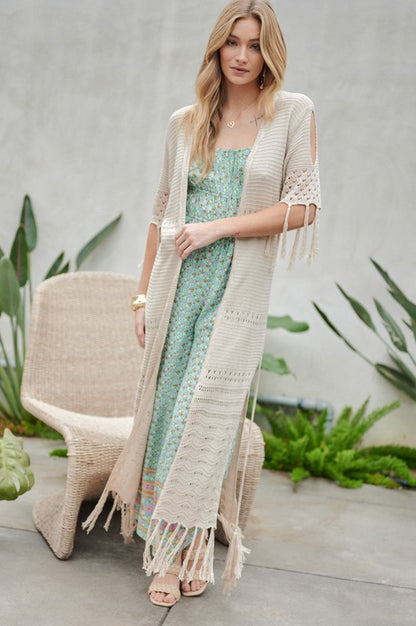 Solid 3/4 Sleeve Long Cardigan With Fringe