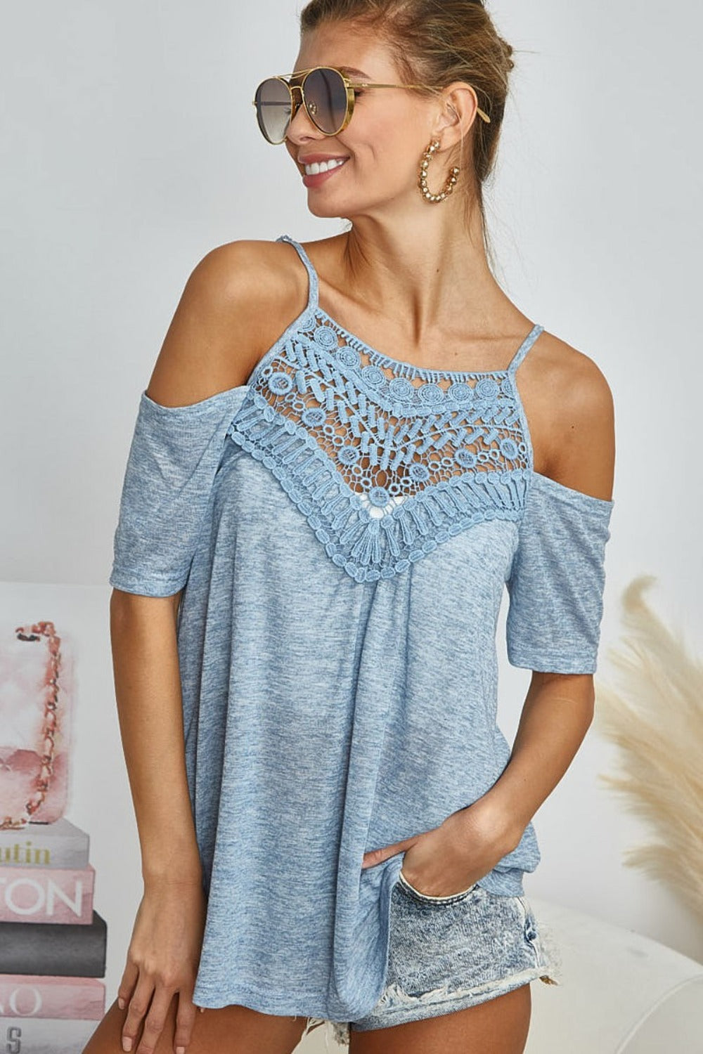 BiBi Front Crochet Lace Adjustable Strap Top - Fashions Envy