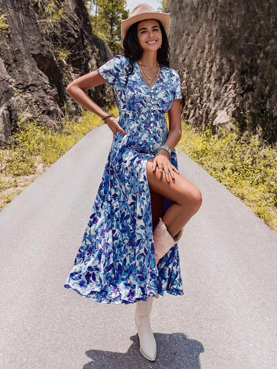 Floral Print V-Neck Slit Midi Dress
