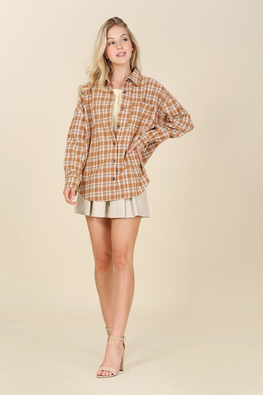 Autumn Beige Drop Shoulder Plaid Button Down Shirt