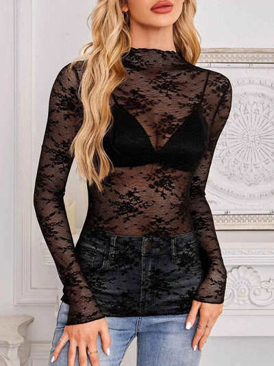 Sheer Lace Blouse - Long Sleeve Mock Neck Top - Fashions Envy