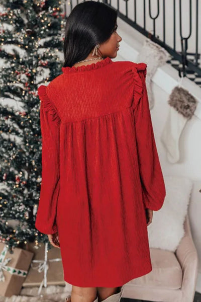 Frill Notched Long Sleeve Mini Dress