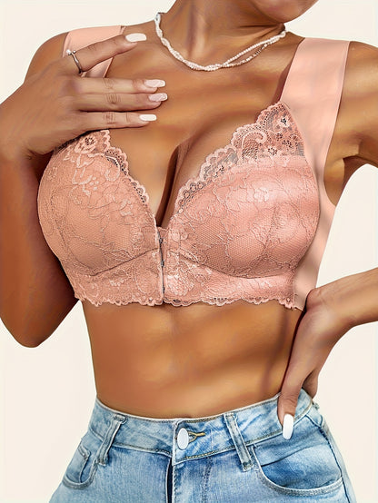 Comfortable Gather Design Elegant Lace Front Closure Wireless Bra - 3pcs