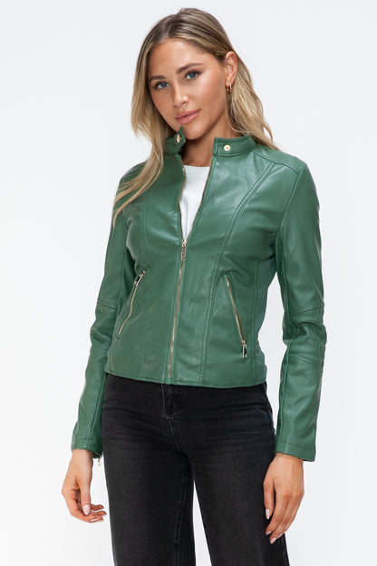 Sage Faux Leather Zip Up Drawstring Hooded Jacket