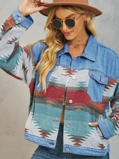Geometric Dropped Shoulder Denim Jacket - Oversized Style - Fashions Envy