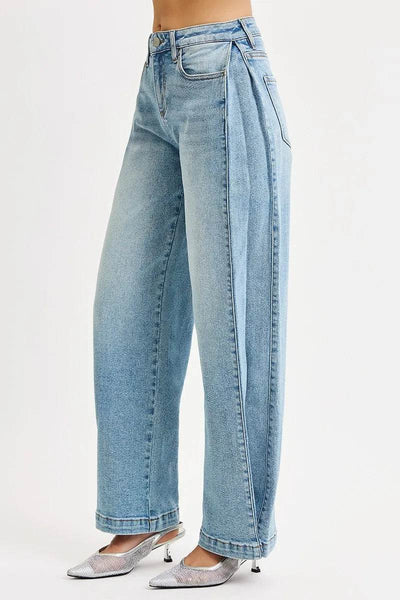 RISEN Mid Rise Wide Barrel Transferable Leg Snap Jeans - Fashions Envy