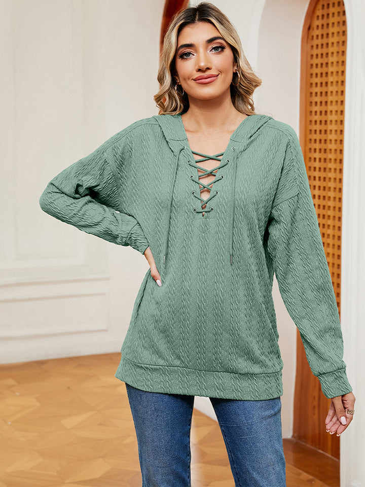 Lace-Up Long Sleeve Hoodie - Fashions Envy