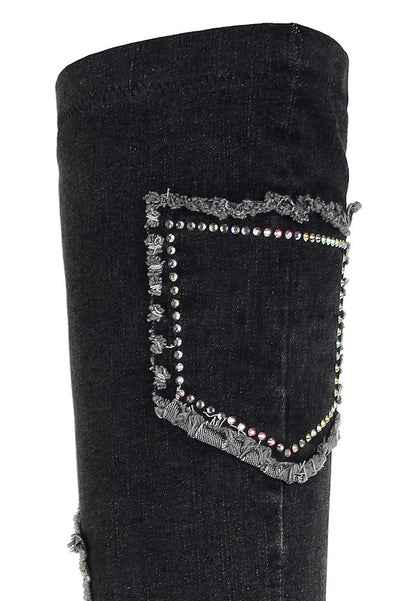 Eilish Rhinestones Knee High Denim Boots