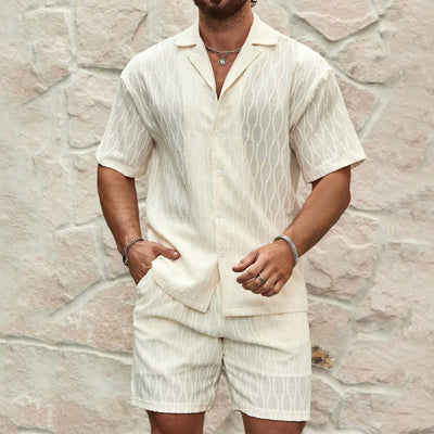 Men's Summer Fashion Solid Loose Casual Two Pieces Lapel Button Shirt Shorts Set