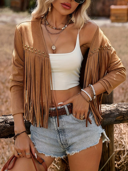 Women's Brown Suede Fringe Vest Jacket - Open Collar Style