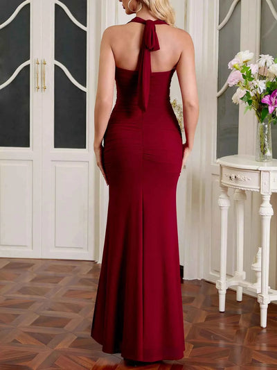 Halter Neck Ruched Slit Maxi Dress