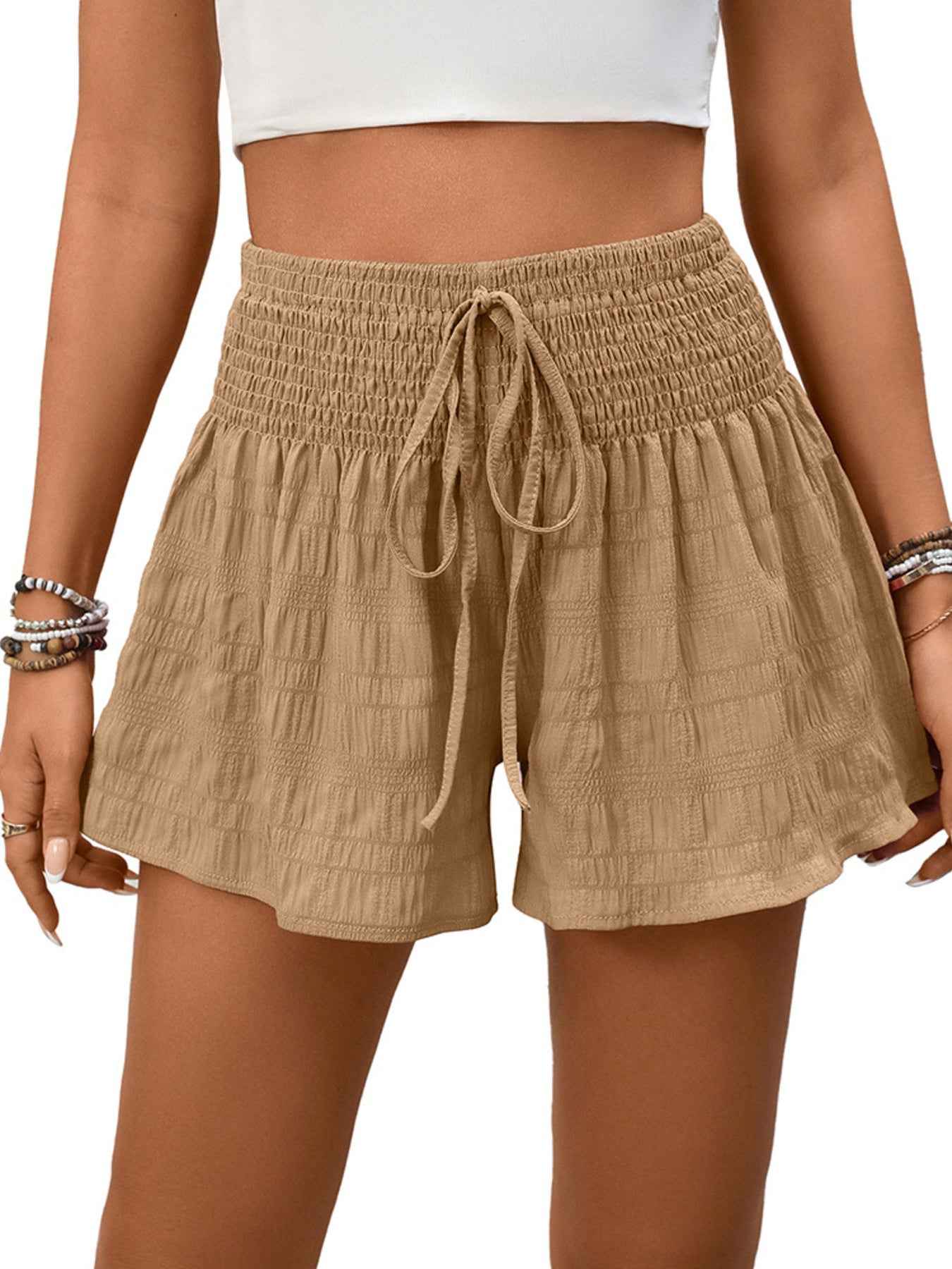 Smocked Waist Shorts - Drawstring Elastic Casual Fit