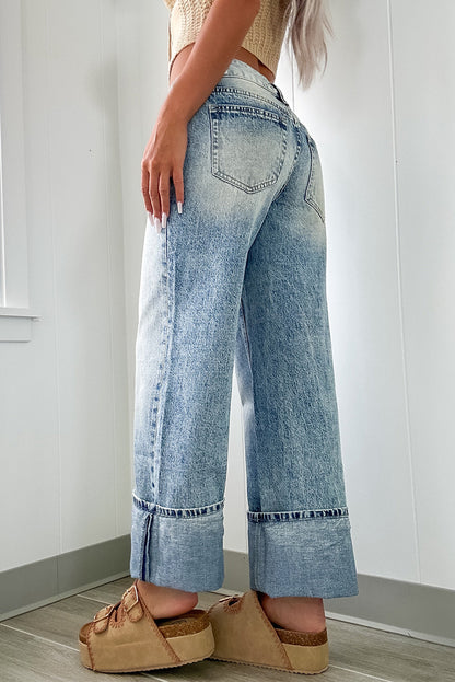 Medium Denim Washed Wide Leg Jeans with Pockets