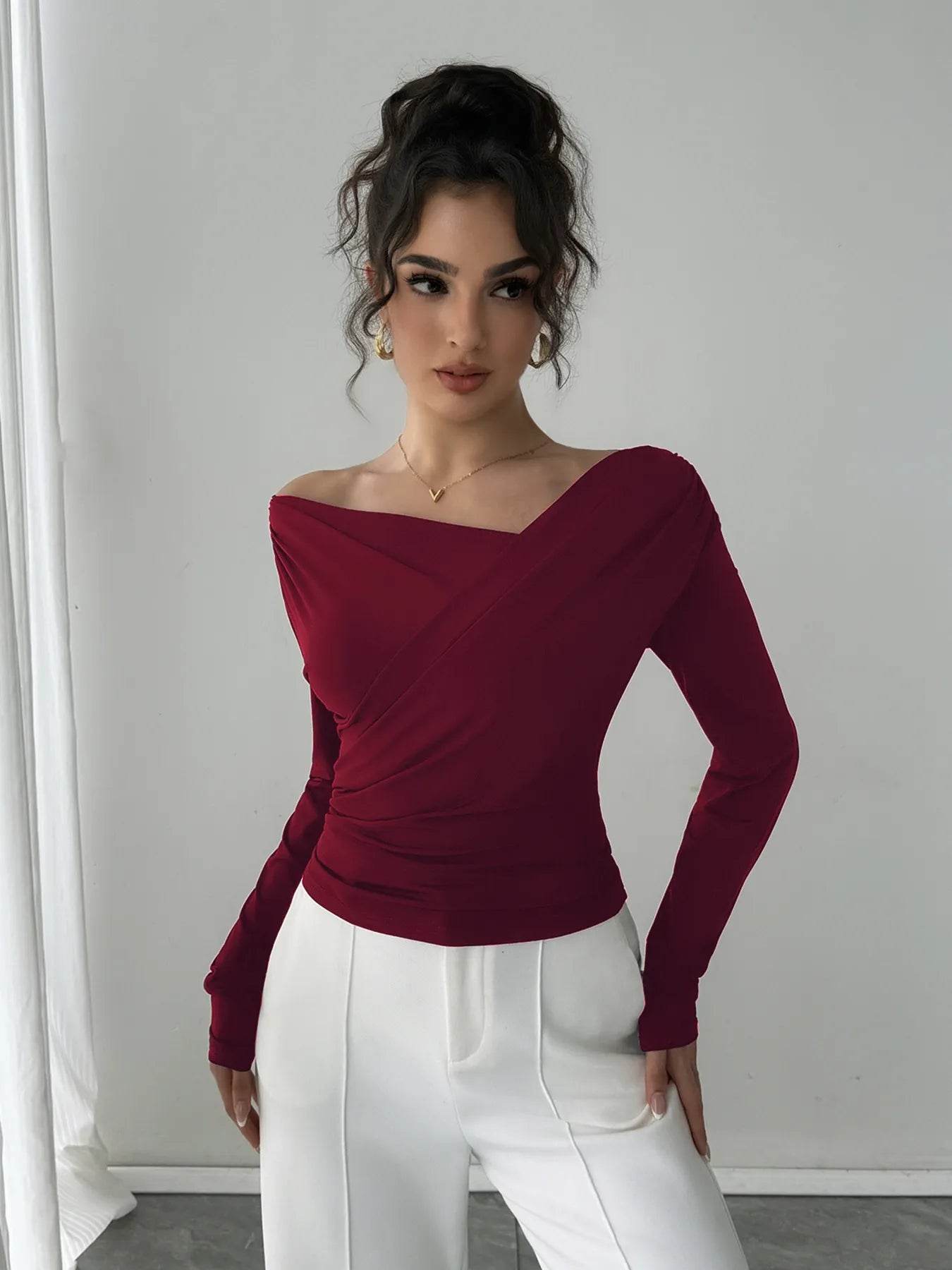 Asymmetrical Long Sleeve Blouse - Ruched Detail Top - Fashions Envy
