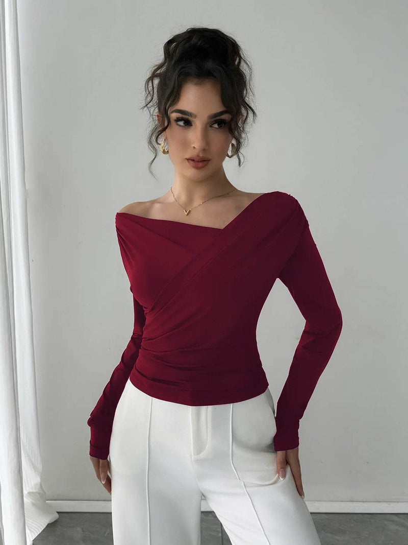 Asymmetrical Long Sleeve Blouse - Ruched Detail Top - Fashions Envy