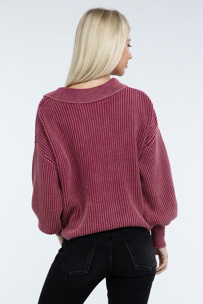 Ribbed Washed Collared Henley Sweater - Fashions Envy