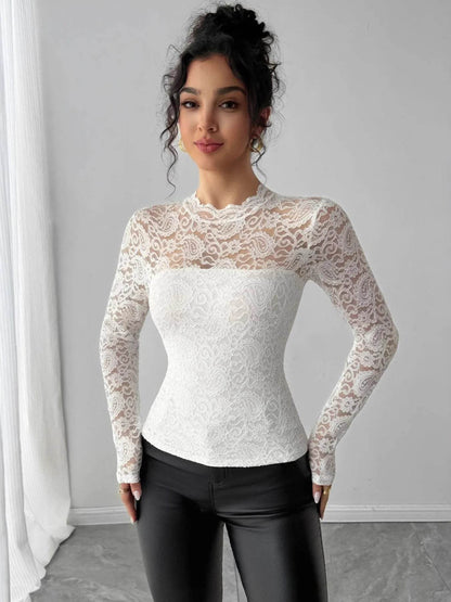 Zip Back Long Sleeve Lace Top - Sheer Elegant Blouse - Fashions Envy