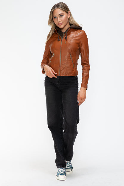 Camel Faux Leather Zip Up Drawstring Hooded Jacket