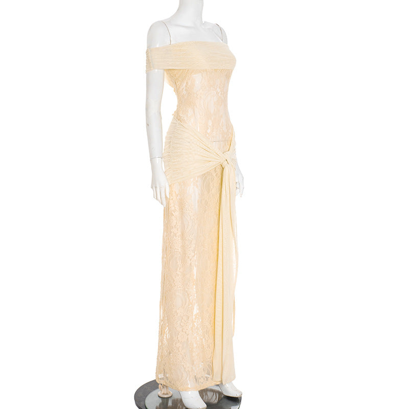 Sheer Mesh and Lace Maxi Dress - Sleeveless Off-Shoulder