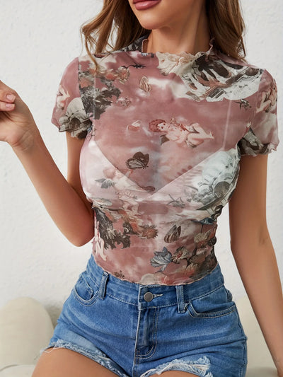 Abstract Print Ruffled Mock Neck Crop T-Shirt - Fashions Envy