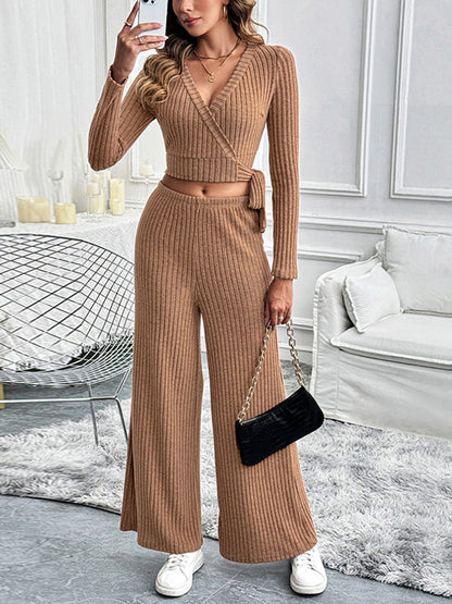 Perfee Surplice Long Sleeve Top and Pants Set - Fashions Envy