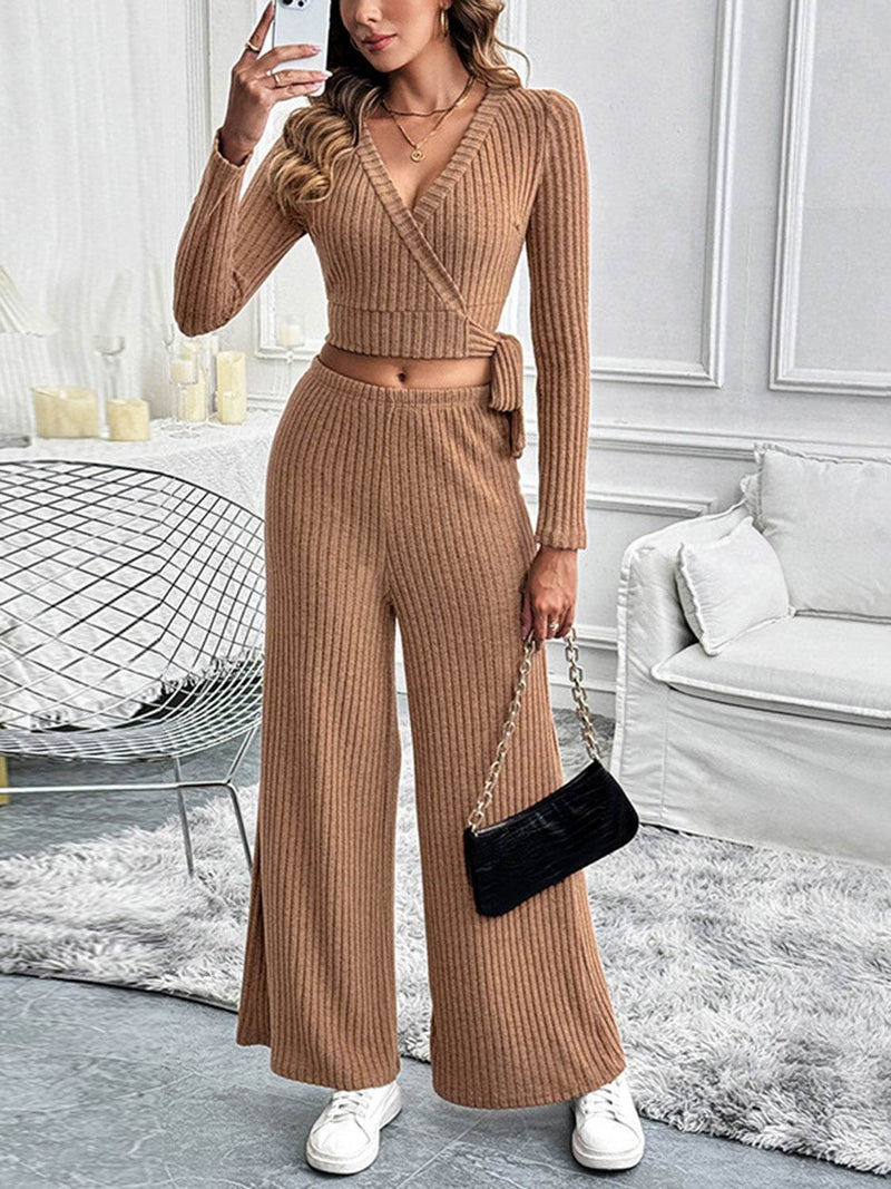 Perfee Surplice Long Sleeve Top and Pants Set - Fashions Envy