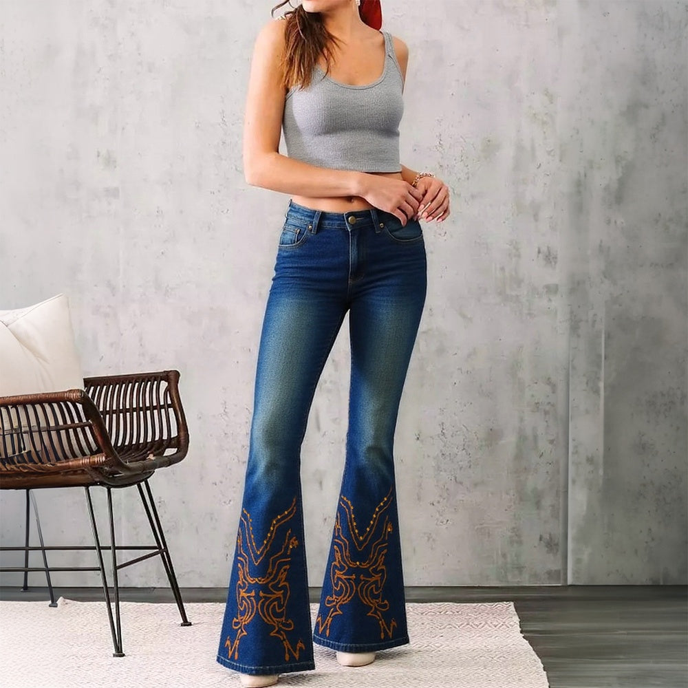 Mid-Waist Wide Leg Embroidered Jeans - Vintage Wash Denim